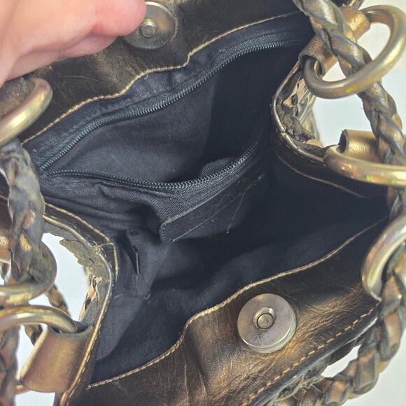 LJS Collection Small Braided Woven Leather Bucket Shoulder Bag Mixed Metallics - Picture 11 of 13